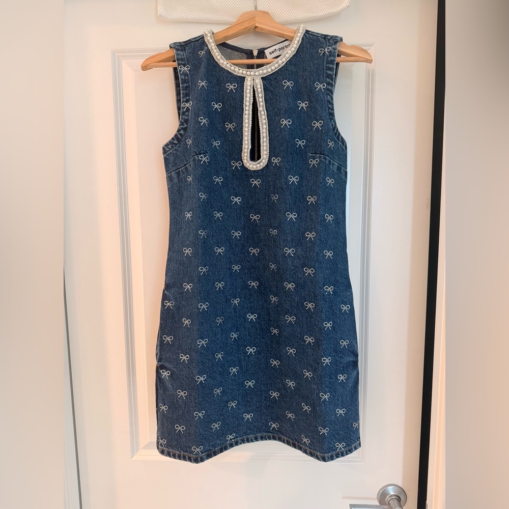 NWOT Self-Portrait DENIM DIAMANTE BOW MINI DRESS - Picture 7 of 17